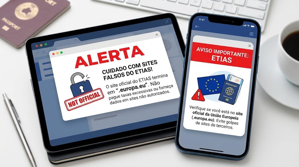 Alerta sobre sites falsos de ETIAS no tablet e no celular
