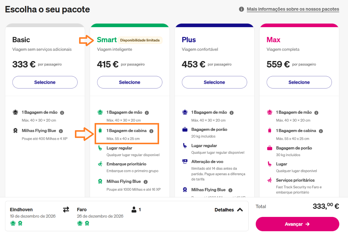 Bagagem de cabine oferecida como opcional pago no checkout
