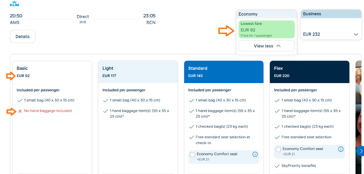 Tarifas da KLM de Amsterdã para Barcelona: Basic sem mala de cabine e Light com mala de cabine
